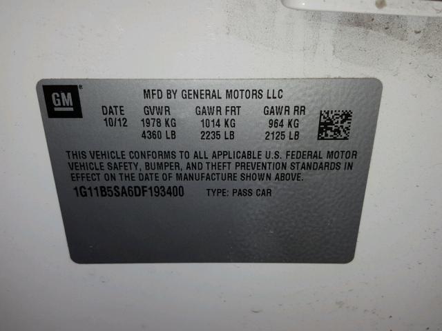 1G11B5SA6DF193400 - 2013 CHEVROLET MALIBU LS თეთრი ფოტო 10