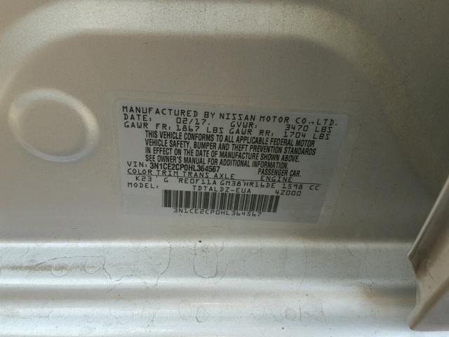 3N1CE2CP0HL364567 - 2017 NISSAN VERSA NOTE SILVER photo 10