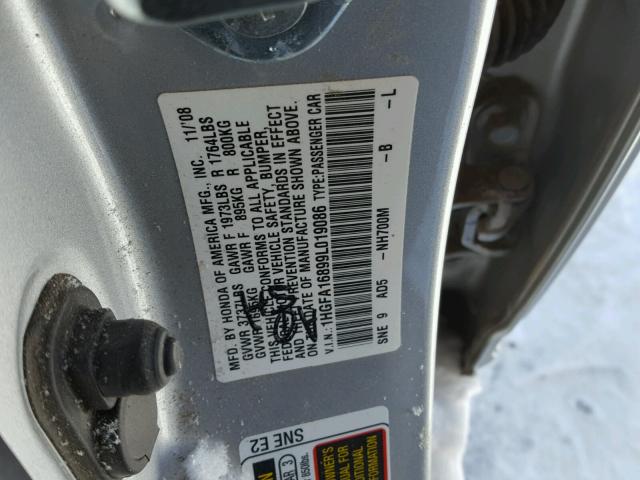 1HGFA16899L019086 - 2009 HONDA CIVIC EX SILVER photo 10