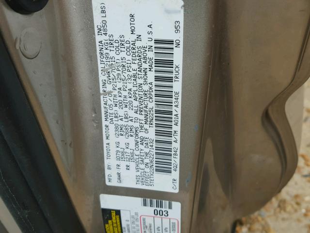 5TETX22N36Z271432 - 2006 TOYOTA TACOMA ACC GOLD photo 10