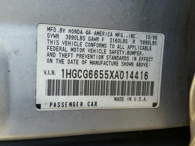 1HGCG6655XA014416 - 1999 HONDA ACCORD LX SILVER photo 10