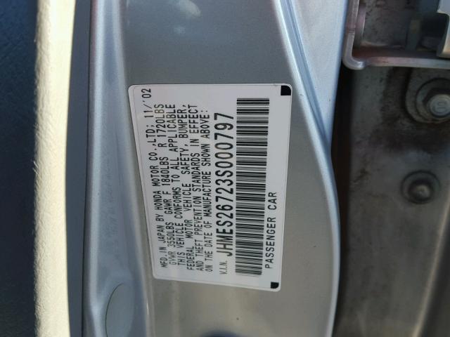 JHMES26723S000797 - 2003 HONDA CIVIC EX ვერცხლისფერი ფოტო 10