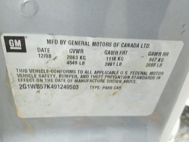 2G1WB57K491249503 - 2009 CHEVROLET IMPALA LS GRAY photo 10