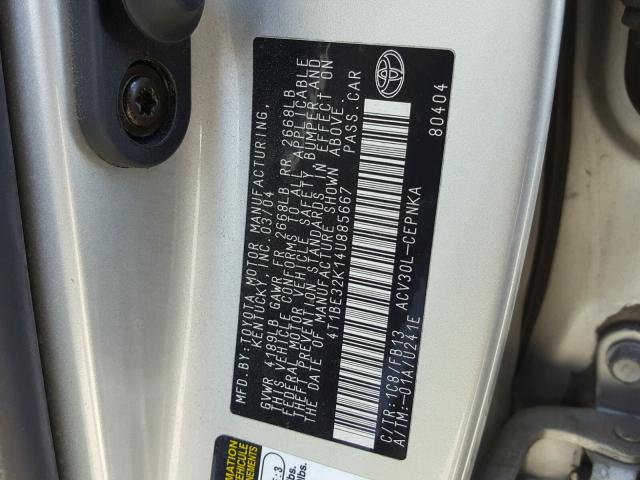 4T1BE32K14U885667 - 2004 TOYOTA CAMRY LE SILVER photo 10