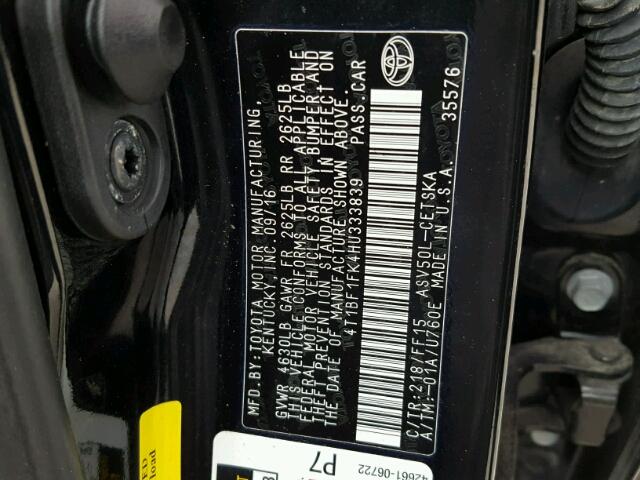 4T1BF1FK4HU333839 - 2017 TOYOTA CAMRY LE BLACK photo 10