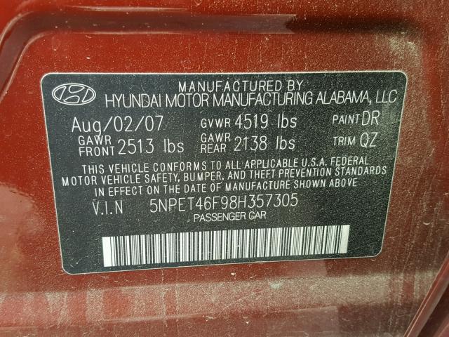 5NPET46F98H357305 - 2008 HYUNDAI SONATA GLS MAROON photo 10