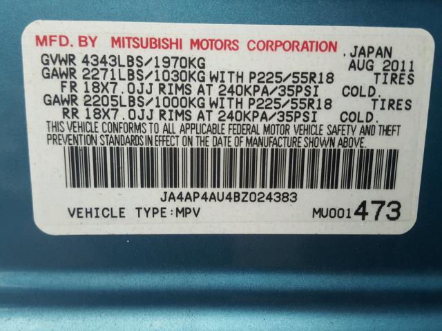 JA4AP4AU4BZ024383 - 2011 MITSUBISHI OUTLANDER BLUE photo 10