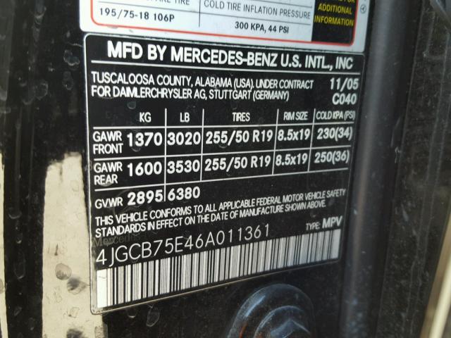 4JGCB75E46A011361 - 2006 MERCEDES-BENZ R 500 BLACK photo 10