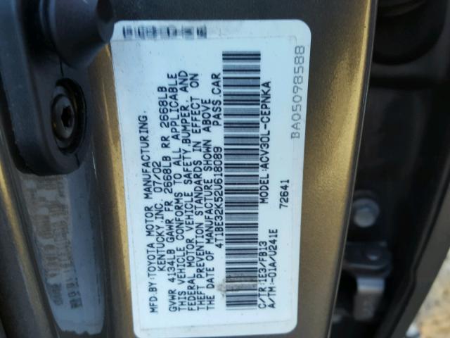 4T1BE32K52U618089 - 2002 TOYOTA CAMRY LE CHARCOAL photo 10