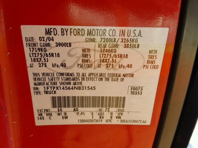 1FTPX14564NB31545 - 2004 FORD F150 RED photo 10