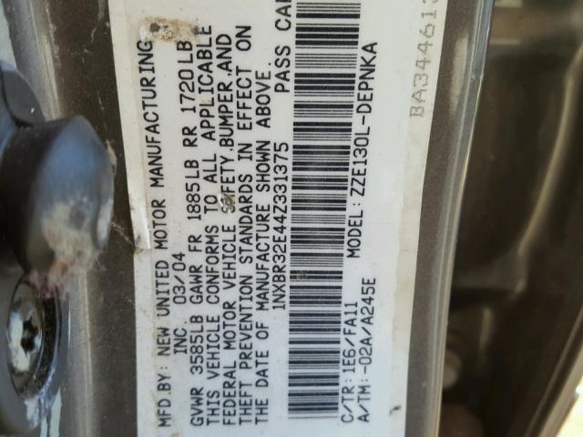 1NXBR32E44Z331375 - 2004 TOYOTA COROLLA CE SILVER photo 10