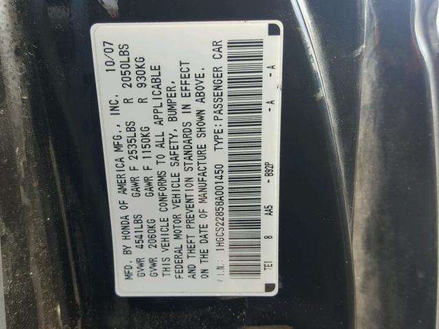 1HGCS22858A001450 - 2008 HONDA ACCORD EXL BLACK photo 10