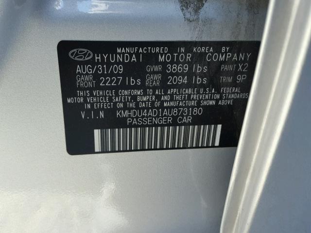 KMHDU4AD1AU873180 - 2010 HYUNDAI ELANTRA BL SILVER photo 10