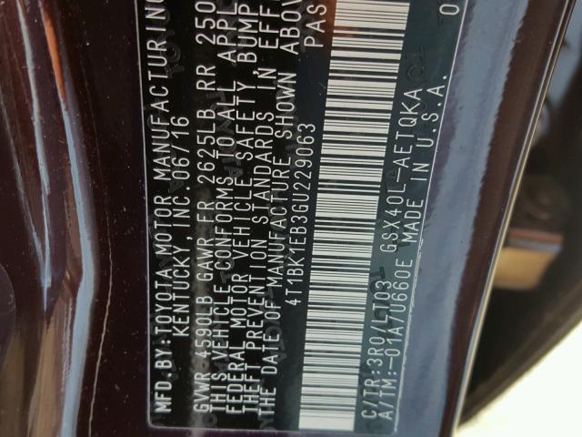 4T1BK1EB3GU229063 - 2016 TOYOTA AVALON XLE BURGUNDY photo 10