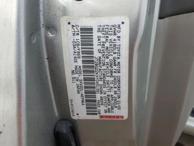 JT2BG22KXY0451391 - 2000 TOYOTA CAMRY CE SILVER photo 10