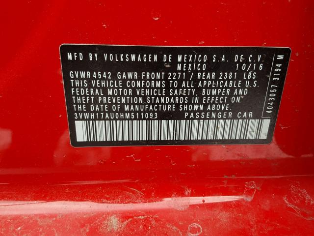 3VWH17AU0HM511093 - 2017 VOLKSWAGEN GOLF ALLTR RED photo 10