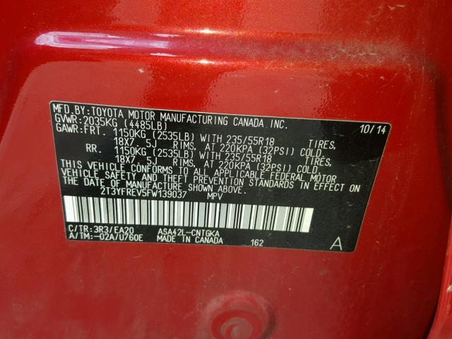 2T3YFREV5FW139037 - 2015 TOYOTA RAV4 LIMIT RED photo 10