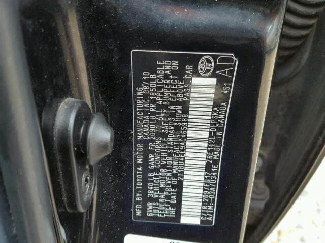 2T1BU4EE9AC465988 - 2010 TOYOTA COROLLA BA BLACK photo 10