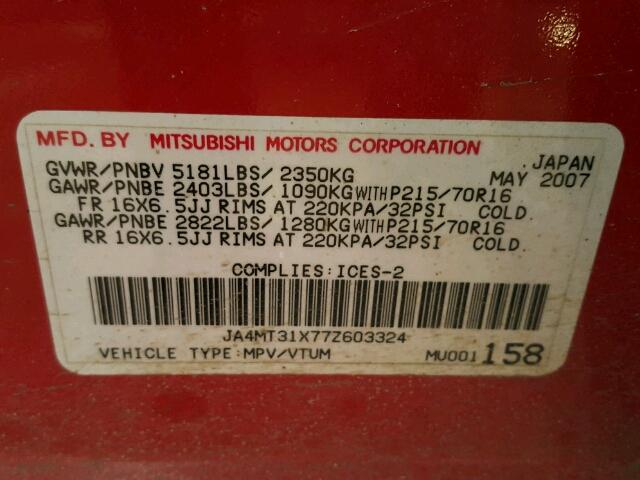 JA4MT31X77Z603324 - 2007 MITSUBISHI OUTLANDER RED photo 10