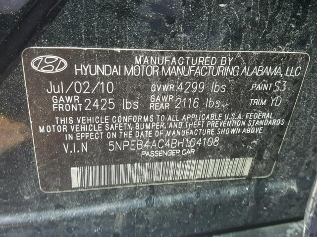 5NPEB4AC4BH104108 - 2011 HYUNDAI SONATA GLS BLACK photo 10