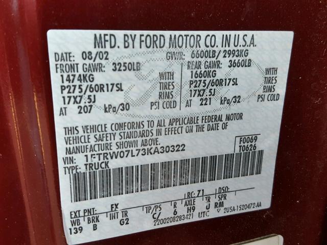 1FTRW07L73KA30322 - 2003 FORD F150 SUPER BURGUNDY photo 10