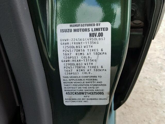 4S2CK58W214325065 - 2001 ISUZU RODEO S GREEN photo 10