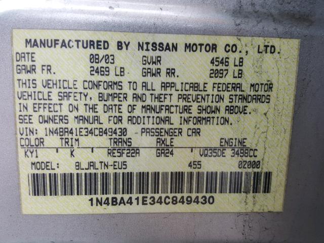 1N4BA41E34C849430 - 2004 NISSAN MAXIMA SE SILVER photo 10