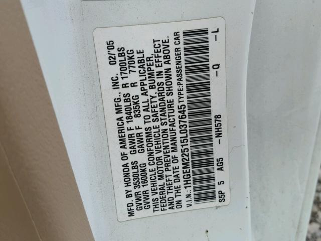 1HGEM22515L037645 - 2005 HONDA CIVIC LX WHITE photo 10