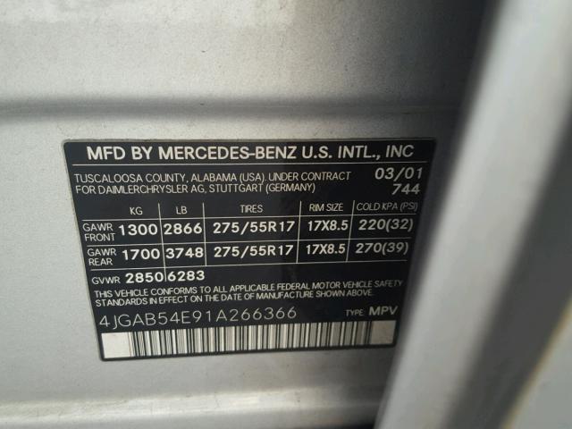 4JGAB54E91A266366 - 2001 MERCEDES-BENZ ML 320 SILVER photo 10