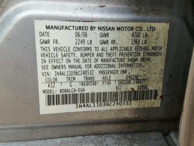 1N4AL11D36C240532 - 2006 NISSAN ALTIMA S SILVER photo 10