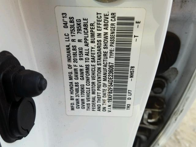 19XFB2F54DE236067 - 2013 HONDA CIVIC LX WHITE photo 10