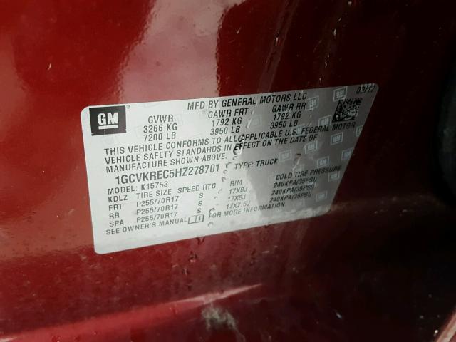 1GCVKREC5HZ278701 - 2017 CHEVROLET SILVERADO RED photo 10