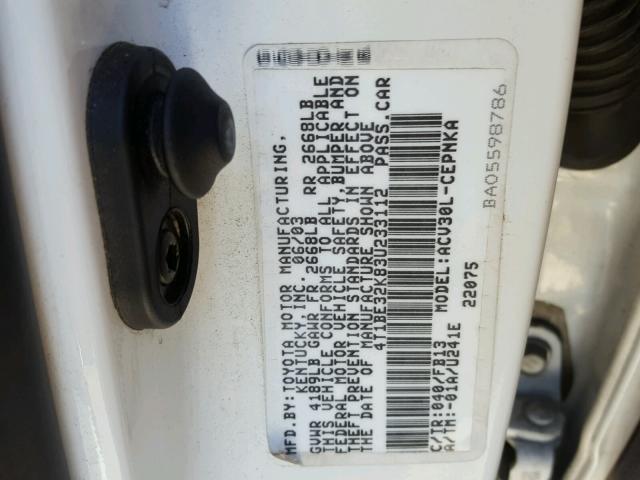 4T1BE32K83U233112 - 2003 TOYOTA CAMRY LE WHITE photo 10