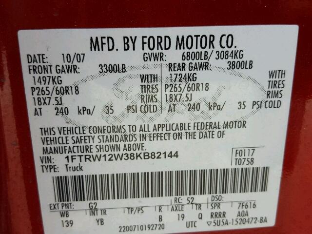 1FTRW12W38KB82144 - 2008 FORD F150 SUPER RED photo 10