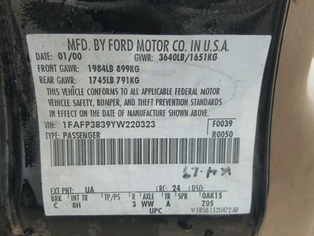 1FAFP3839YW220323 - 2000 FORD FOCUS ZTS BLACK photo 10