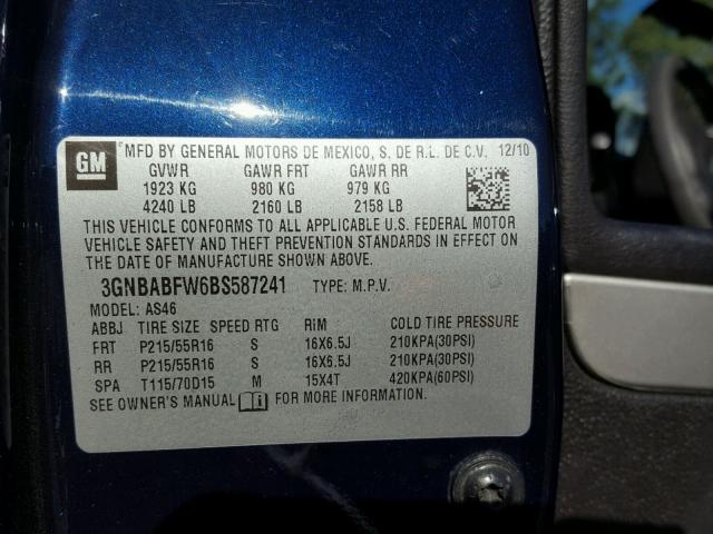 3GNBABFW6BS587241 - 2011 CHEVROLET HHR LT BLUE photo 10