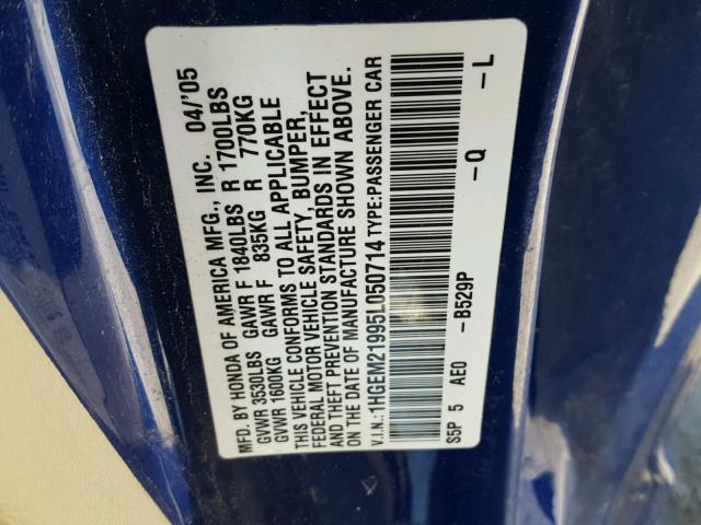 1HGEM21995L050714 - 2005 HONDA CIVIC EX BLUE photo 10