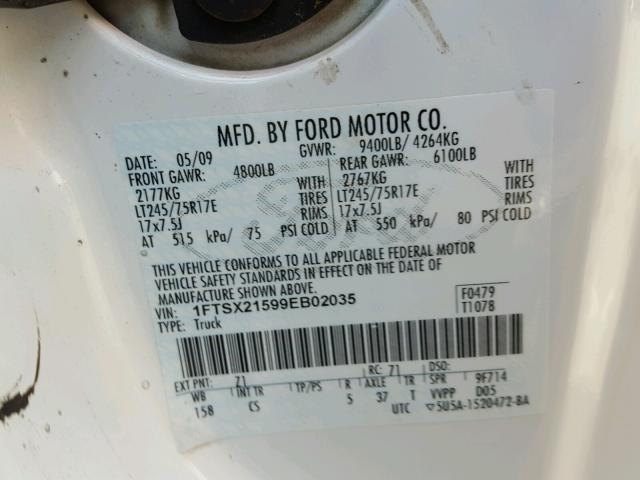 1FTSX21599EB02035 - 2009 FORD F250 SUPER WHITE photo 10