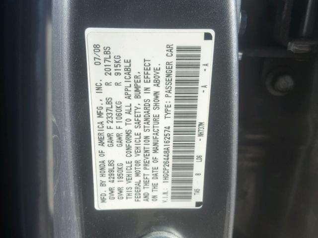 1HGCP26448A162574 - 2008 HONDA ACCORD LXP GRAY photo 10