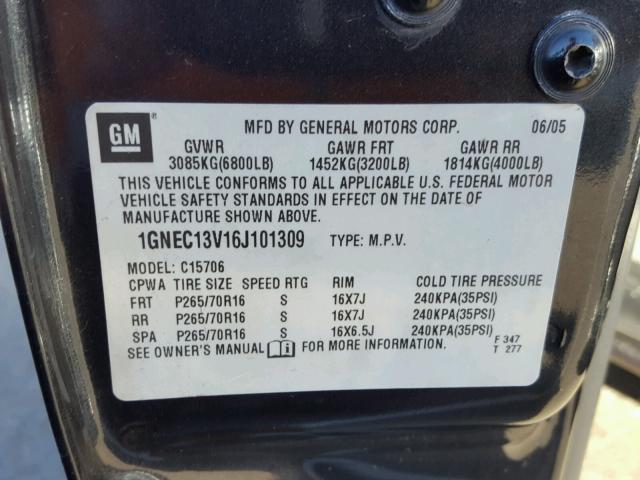 1GNEC13V16J101309 - 2006 CHEVROLET TAHOE C150 CHARCOAL photo 10