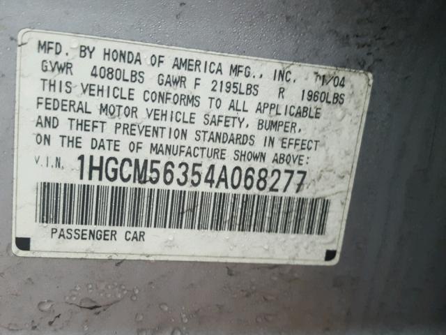 1HGCM56354A068277 - 2004 HONDA ACCORD LX SILVER photo 10