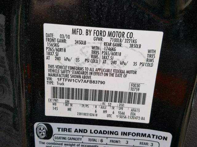 1FTFW1CV7AFB83790 - 2010 FORD F150 SUPER BLACK photo 10