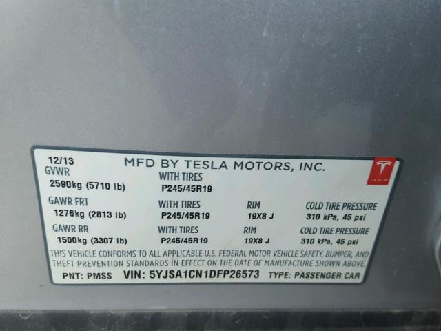 5YJSA1CN1DFP26573 - 2013 TESLA MODEL S GRAY photo 10