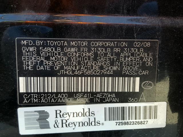 JTHGL46F585027944 - 2008 LEXUS LS 460L BLACK photo 10