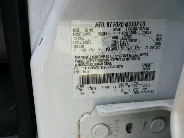 1FTWW31P26EB31075 - 2006 FORD F350 SRW S WHITE photo 10