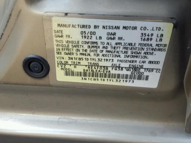 3N1CB51D1YL321973 - 2000 NISSAN SENTRA BAS TAN photo 10