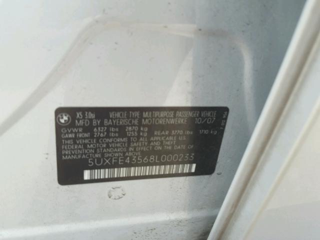 5UXFE43568L000233 - 2008 BMW X5 3.0I SILVER photo 10