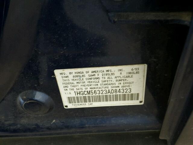 1HGCM56323A084323 - 2003 HONDA ACCORD LX BLUE photo 10