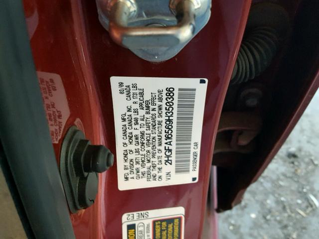 2HGFA16569H350386 - 2009 HONDA CIVIC LX RED photo 10