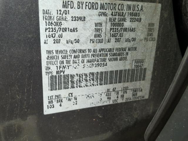 1FMYU03152KB39054 - 2002 FORD ESCAPE XLT GRAY photo 10